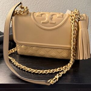 Tory Burch Beige Crossbody or clutch purse with Gold Chain